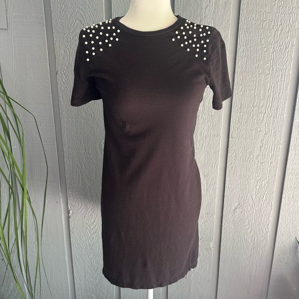 Zara Trafaluc Black Jersey Style‎ T-Shirt Small Dress White Beads Small Mini - Picture 6 of 11